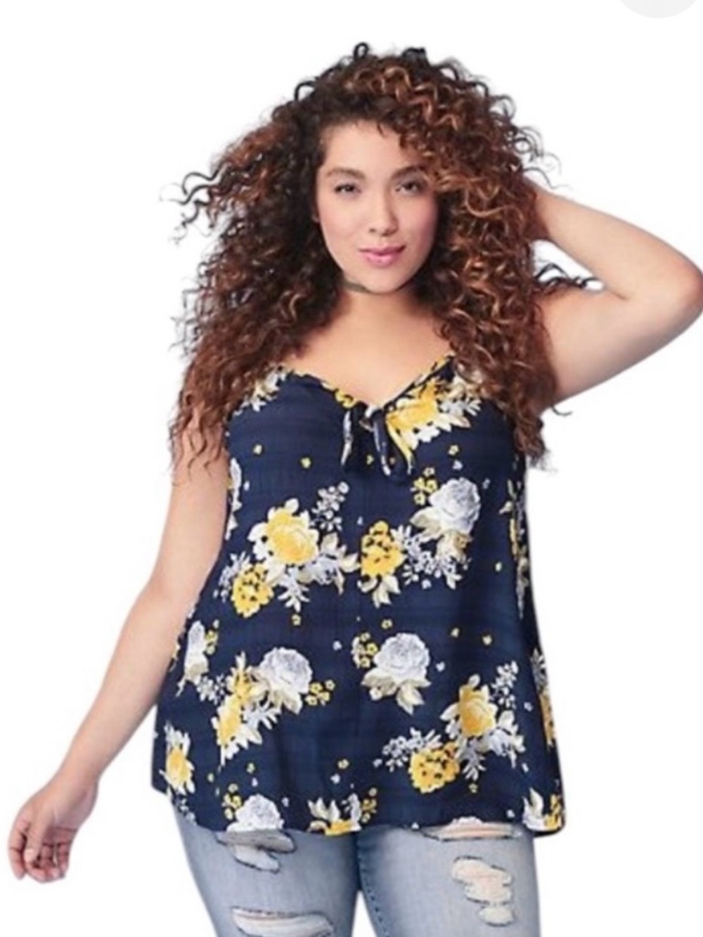 Torrid tie front navy yellow floral flowy tank top with adjustable straps 3X